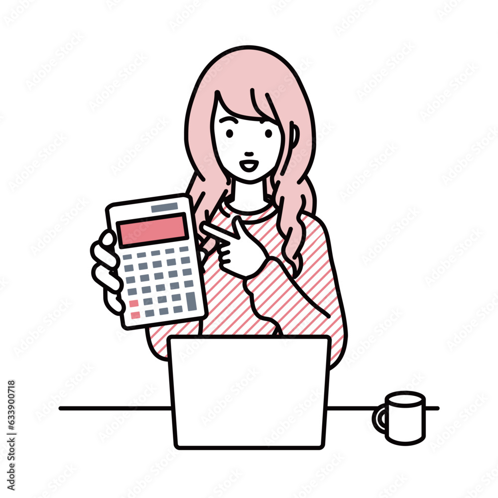 a woman in casual style recommending, proposing, showing and pointing a calculator with a smile in front of laptop pc a woman in casual style recommending, proposing, showing and pointing a calculator with a smile in front of laptop pc