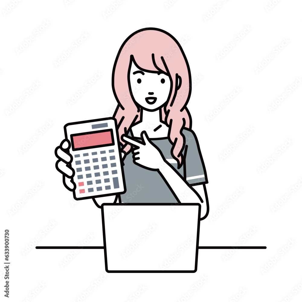 an esthetician, receptionist woman recommending, proposing, showing estimates and pointing a calculator with a smile in front of laptop pc an esthetician, receptionist woman recommending, proposing, showing estimates and pointing a calculator with a smile in front of laptop pc
