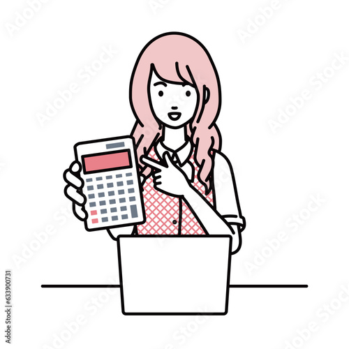 a woman in clerical uniform recommending, proposing, showing estimates and pointing a calculator with a smile in front of laptop pc