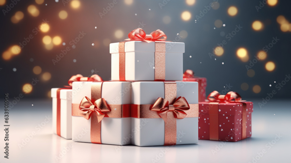 Obraz premium Gift box with ribbon and bow festive decorative with glitter sparkles and bokeh. Concept of design for Birthday, Merry Christmas, New Year, holiday, anniversary, valentine, wedding. Generative AI