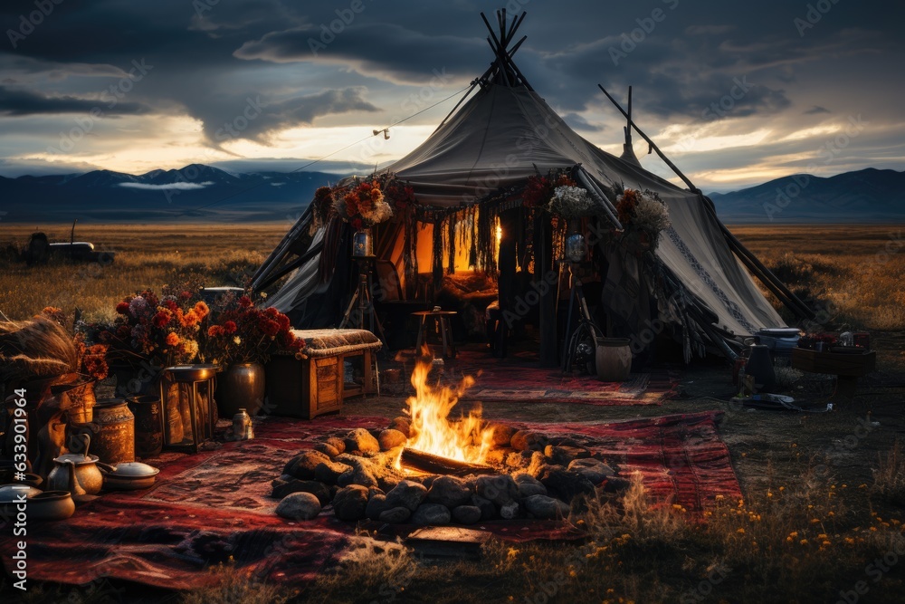 Nomad's Respite: Erecting a Yurt or Tent in Uncharted Lands, Capturing the Intimate Story of Nomadic Living, Faces Cast in Shadow Generative AI Nomad's Respite: Erecting a Yurt or Tent in Uncharted Lands, Capturing the Intimate Story of Nomadic Living, Faces Cast in Shadow Generative AI