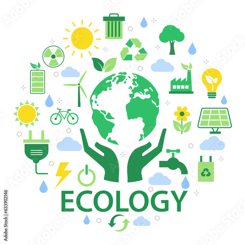 ecology concept with natural elements on white background. vector illustration modern flat design. sustainable environment connect. hand holdings up green world. save energy the earth development.