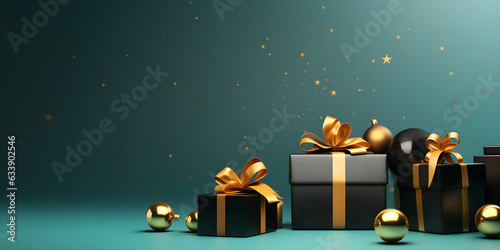 christmas background with gift boxes on green background, AI generate