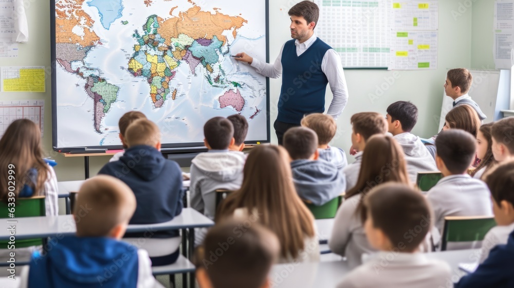 Obraz premium teacher explaining a concept to students in a modern classroom, generative ai