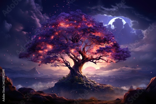 Stellar Overture of Imagination  An Enchanted Tree in the Middle of Space-ThemedLandscape representing an astonishing Artistic Compositions Generative AI