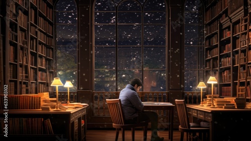 novelist writing a story in a quiet library, generative ai