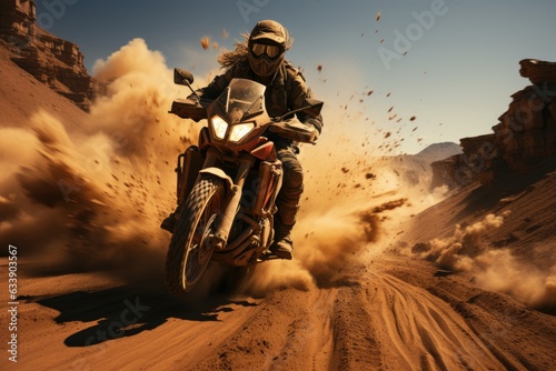 Uncharted Terrain: Motorcycle's Path Through Desert Wasteland, Rider's Figure Merging with the Landscape, Capturing the Essence of Exploration Generative AI 