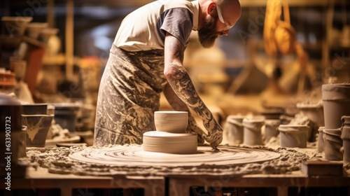 potter shaping clay on a wheel in a cozy studio generative ai