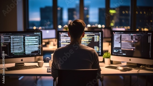 web developer coding on multiple screens in a tech-filled office generative ai