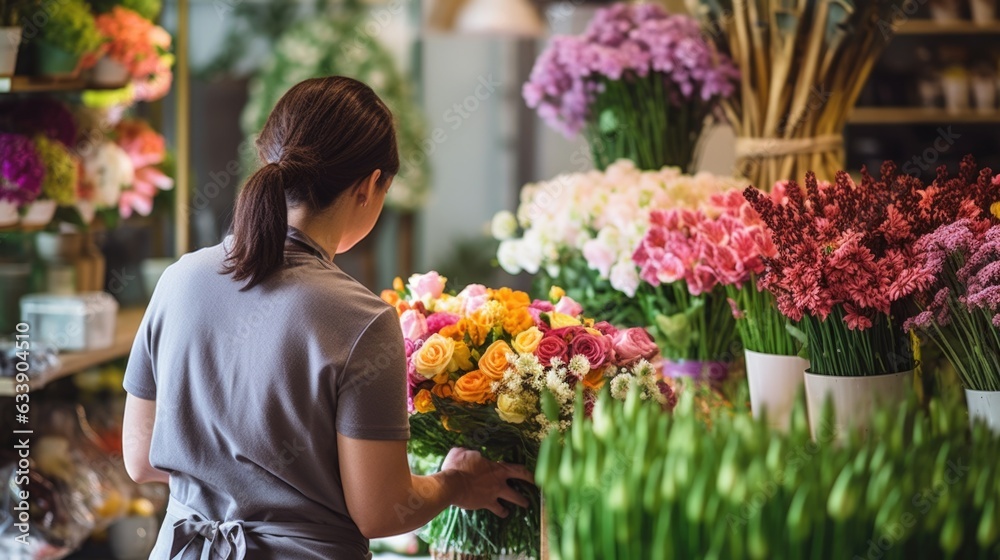 florist arranging a bouquet in a fragrant flower shop generative ai