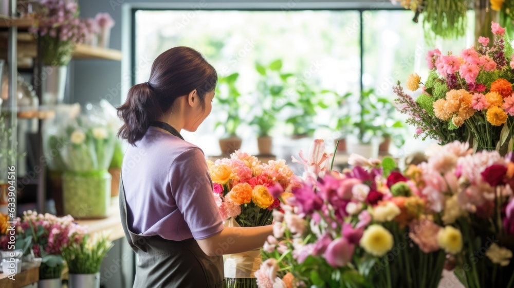 florist arranging a bouquet in a fragrant flower shop generative ai
