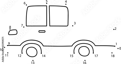 Connect the dots game. Car printable worksheet for kids. Can be used as children coloring book.