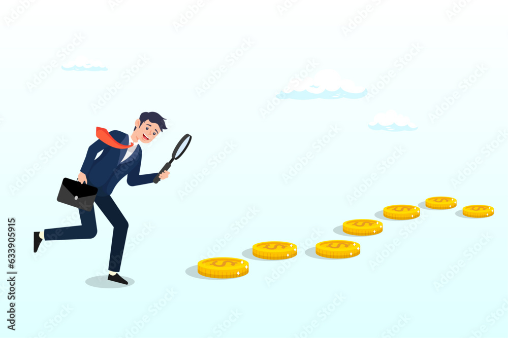 Curios businessman with magnifier inspect and follow money coins trail, searching for investment opportunity, financial success or salary raise, inspect way to make profit and earning (Vector) Curios businessman with magnifier inspect and follow money coins trail, searching for investment opportunity, financial success or salary raise, inspect way to make profit and earning (Vector)