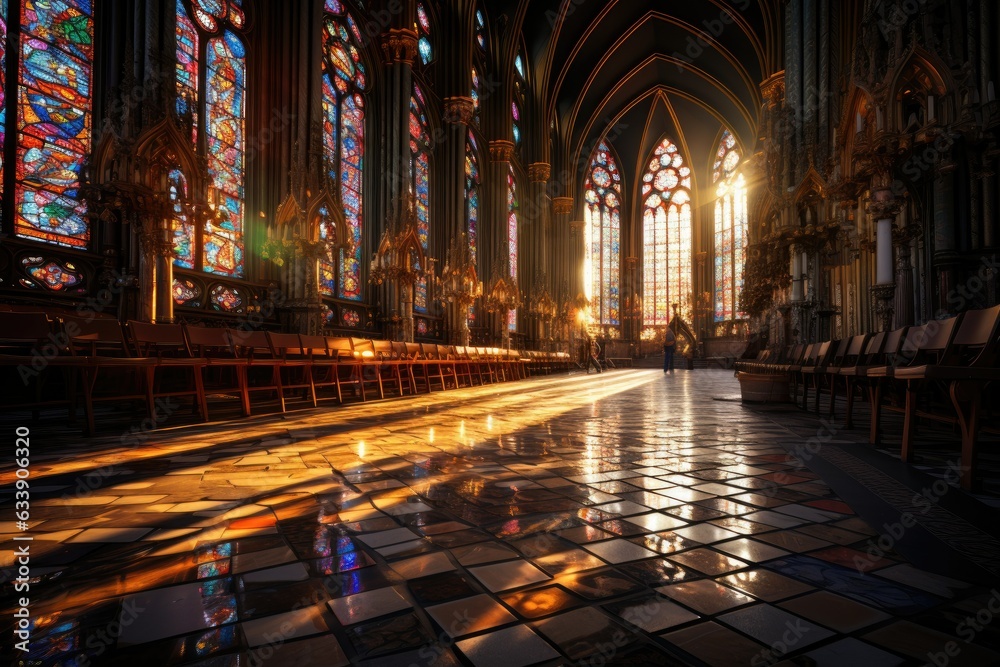 Timeless Tranquility: A Breathtaking Gothic Cathedral Embracing the Era's Grandeur, Bathed in Ethereal Light from Stained Glass Windows Generative AI