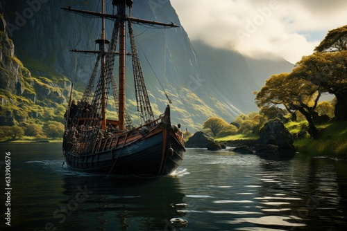 Voyage of the Norsemen: Viking Longship's Traverse through Fjords, Rekindling the Daring Essence of Ancient Exploratio Generative AI