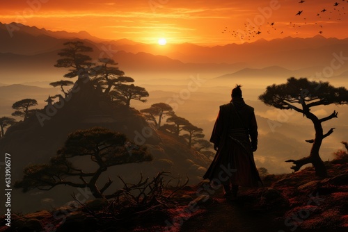 Sunset s Silent Witness  The Lone Samurai on a Hill  Portraying the Ageless Virtues of Honor  Discipline  and Inner Reflection Embraced by Ancient Japanese Warriors Generative AI