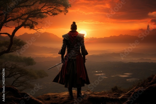 Hilltop Reverie: A Singular Samurai Amid the Radiant Sunset, Conveying the Essence of Honor, Discipline, and Deep Self-Reflection of Ancient Japanese Martial Traditions Generative AI