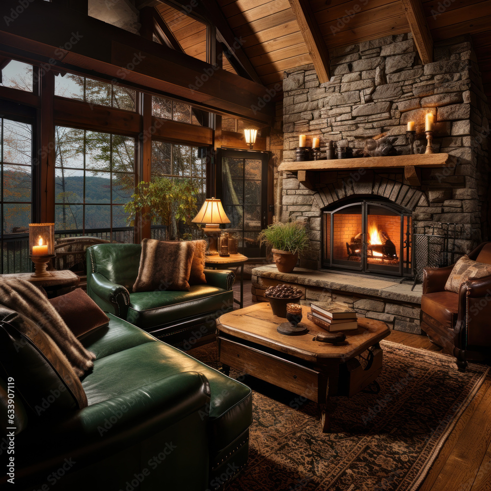  A rustic cabin with cozy leather furniture
