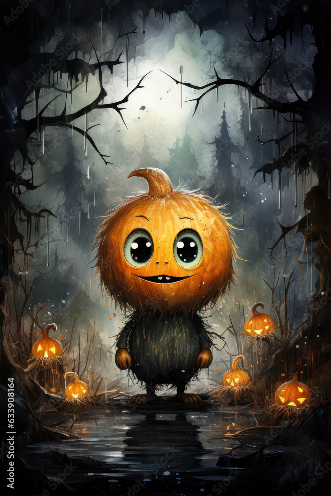 Halloween Greeting Card, Childrens Book Illustration, Generative AI