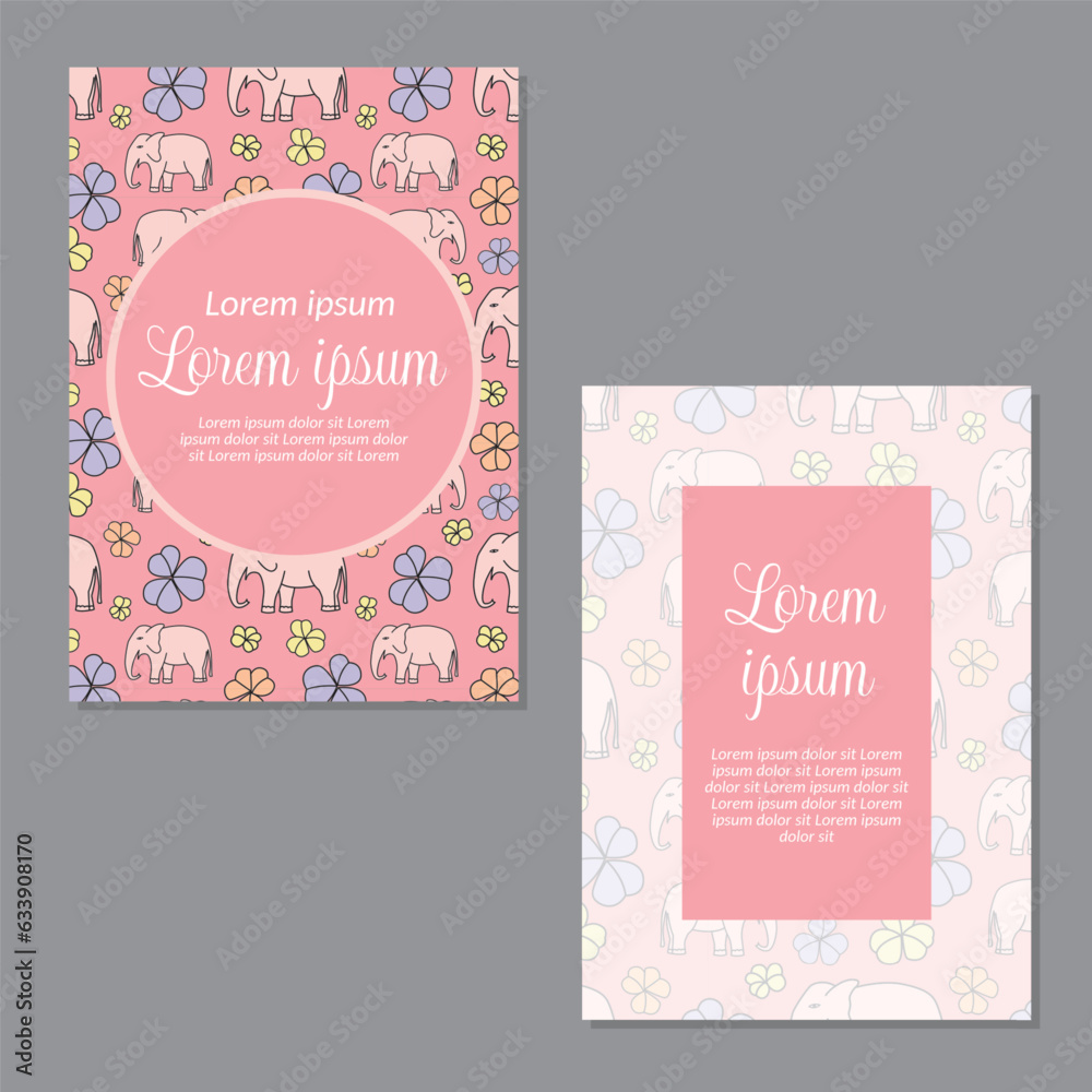 Wedding invitation card template. flowers and elephents seamless pattern background save the date, invitation, greeting card, vector illustration.