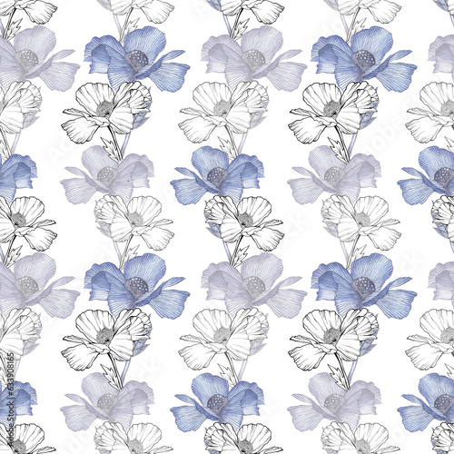 White Poppy flowers seamless pattern. Hand drawn sketch style. Nature background. Floral illustration.