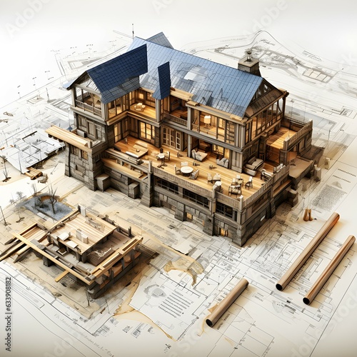 House under construction on blueprints Generative Ai