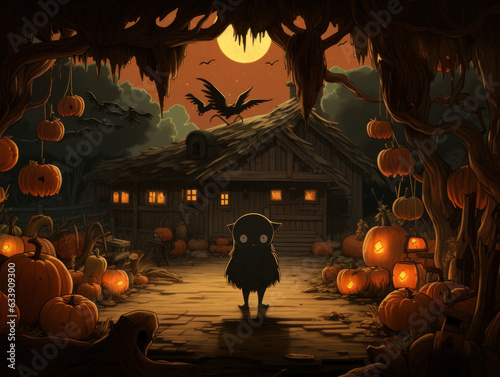 Halloween Greeting Card, Childrens Book Illustration, Generative AI