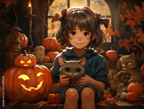 Halloween Greeting Card, Childrens Book Illustration, Generative AI