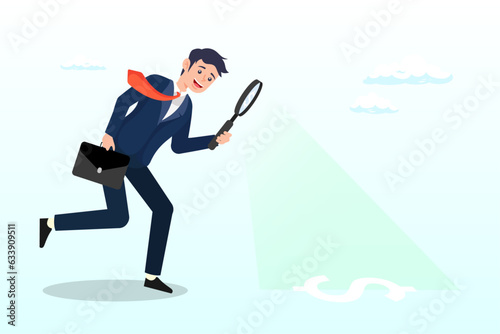 Businessman looking through magnifying glass to see dollar money sign search for money, searching for investment opportunity, stock market research or hidden cost and expense (Vector)