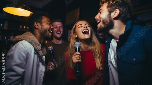 group of people in nightclub singing karaoke