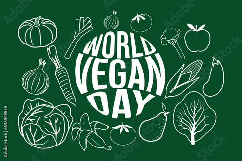 World vegan day. Various fruits and vegetables in white contours. Vector illustration isolated on dark green.