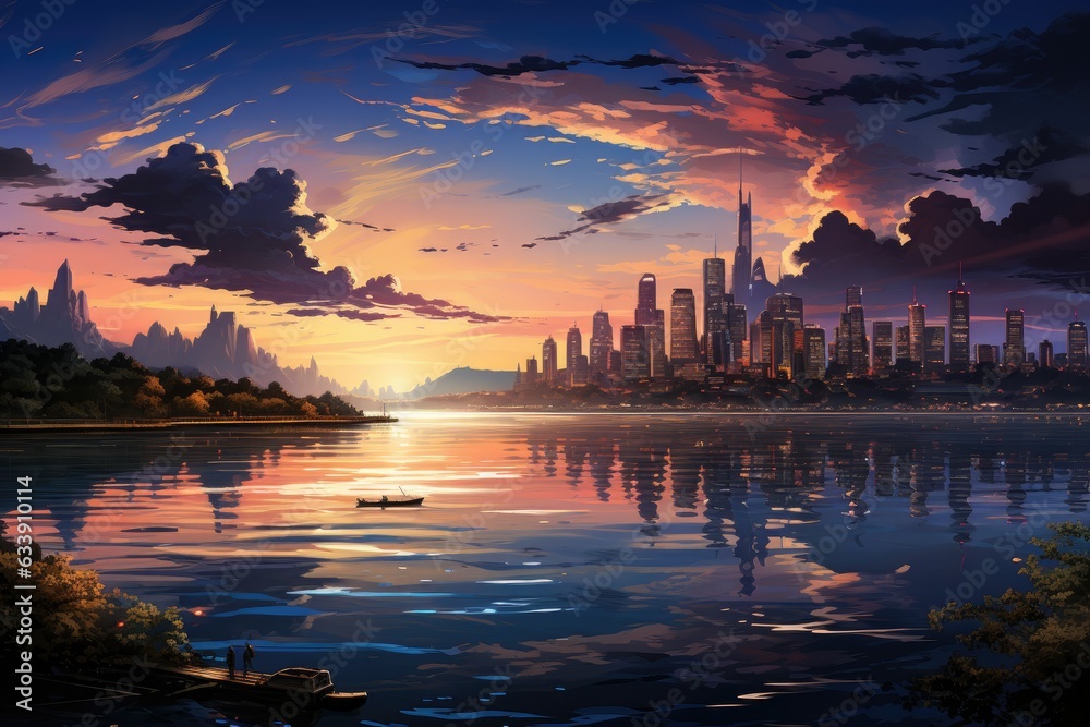City's Twilight Symphony: Exploring Mesmerizing Urban Landscapes Awash in a Canvas of Colorful Sky Hues and the Emerging Luminescence of Lights Generative AI