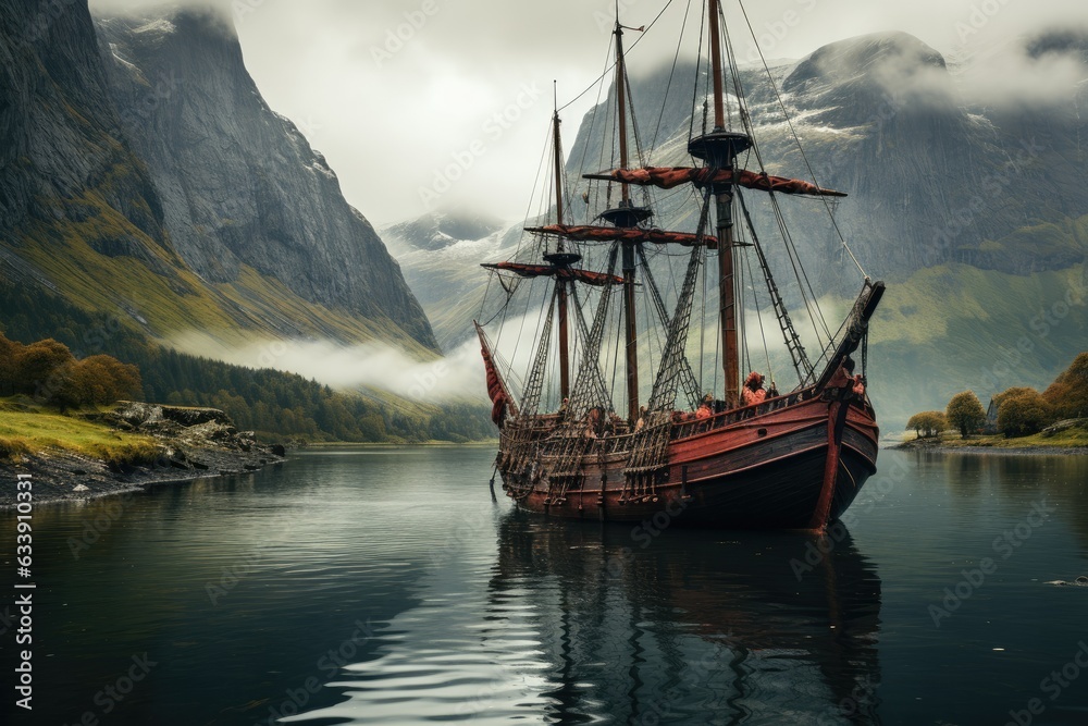 Norse Legacy Unveiled: Viking Longship's Epic Voyage through Majestic Fjords, Embracing the Adventurous Spirit of Ancient Seafarers Generative AI