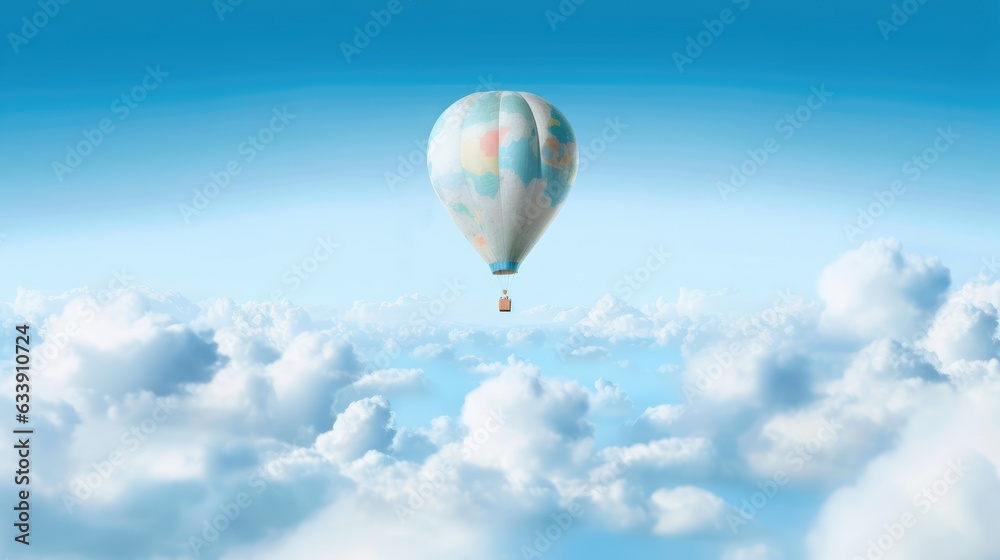 Hot air balloon flying high in the blue sky.