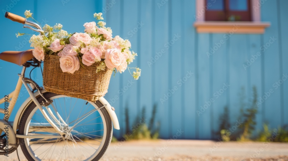 Bicycle with flowers in a straw basket near the wall of a beautiful house in the sun Summer mood.
