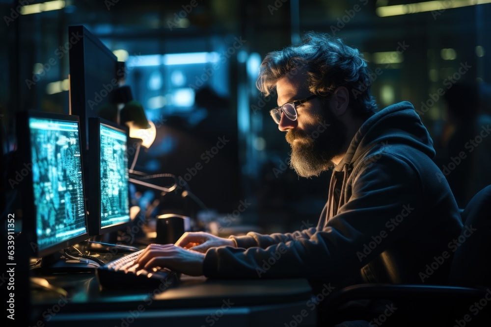 A coder, a developer-oriented in glasses working on a computer to view programming code information. cyber security digital technology reflected