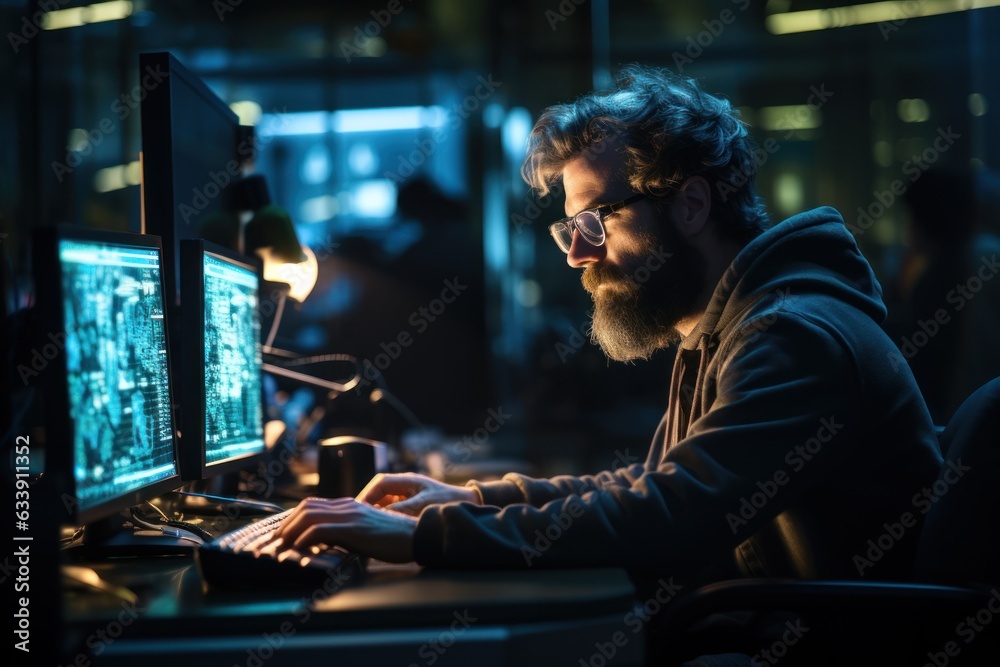 A coder, a developer-oriented in glasses working on a computer to view programming code information. cyber security digital technology reflected A coder, a developer-oriented in glasses working on a computer to view programming code information. cyber security digital technology reflected