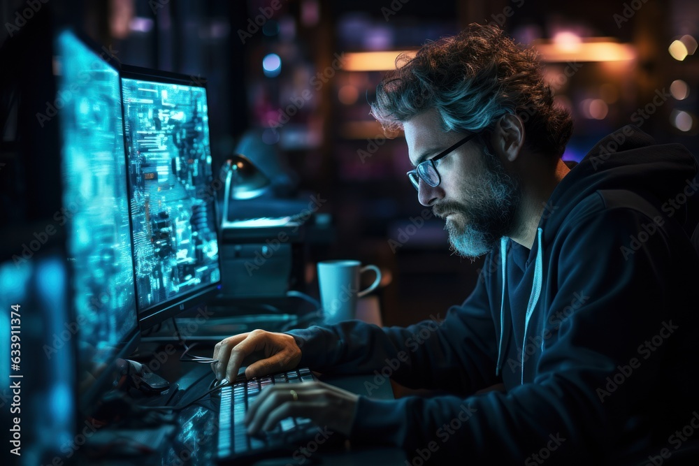 A coder, a developer-oriented in glasses working on a computer to view programming code information. cyber security digital technology reflected A coder, a developer-oriented in glasses working on a computer to view programming code information. cyber security digital technology reflected