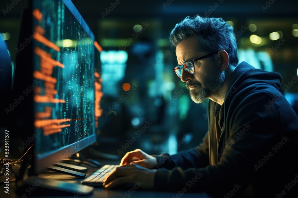 A coder, a developer-oriented in glasses working on a computer to view programming code information. cyber security digital technology reflected
