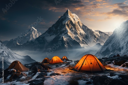 Resting Grounds: Campsite and Gear Laid Bare, Towering Peaks Bear Witness to the Halfway Sojourn Generative AI