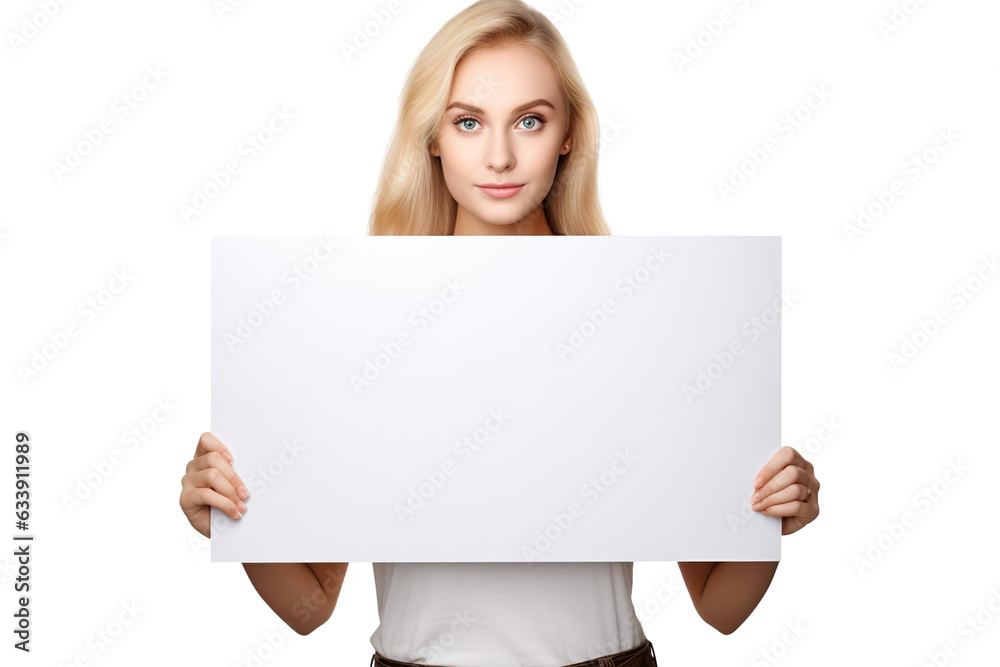 a beautiful blonde woman holding a blank placard sign poster paper in her hands. empty space for editing and ads. isolated on white background PNG a beautiful blonde woman holding a blank placard sign poster paper in her hands. empty space for editing and ads. isolated on white background PNG