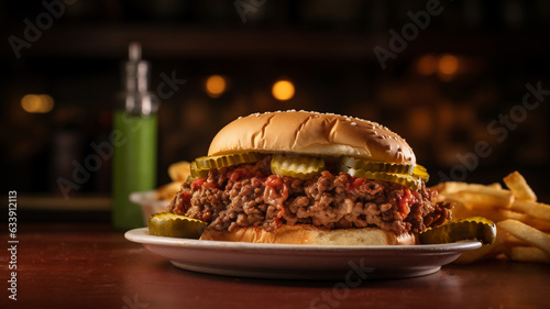 A midwestern loose meat sandwich on a kitchen table or in a restaurant.