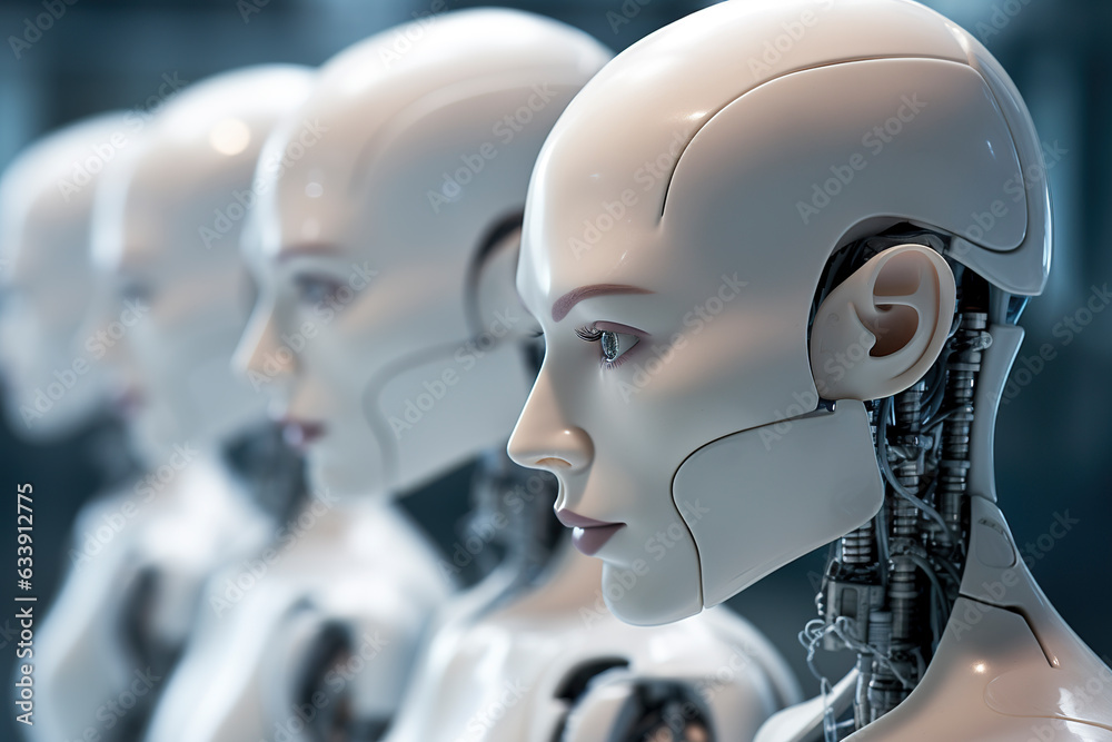 Group of white glossy artificial intelligence robots