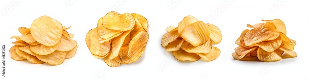 Set of Crispy Fried Potato Chips, Isolated on white