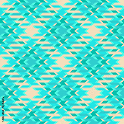 Tartan plaid seamless pattern. Abstract geometric checkered background in turquoise and yellow. Traditional textile design in pastel colors