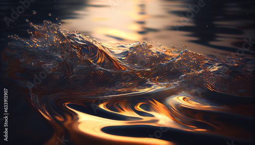 Bright orange water surface  small waves  and reflections of the sun at sunset