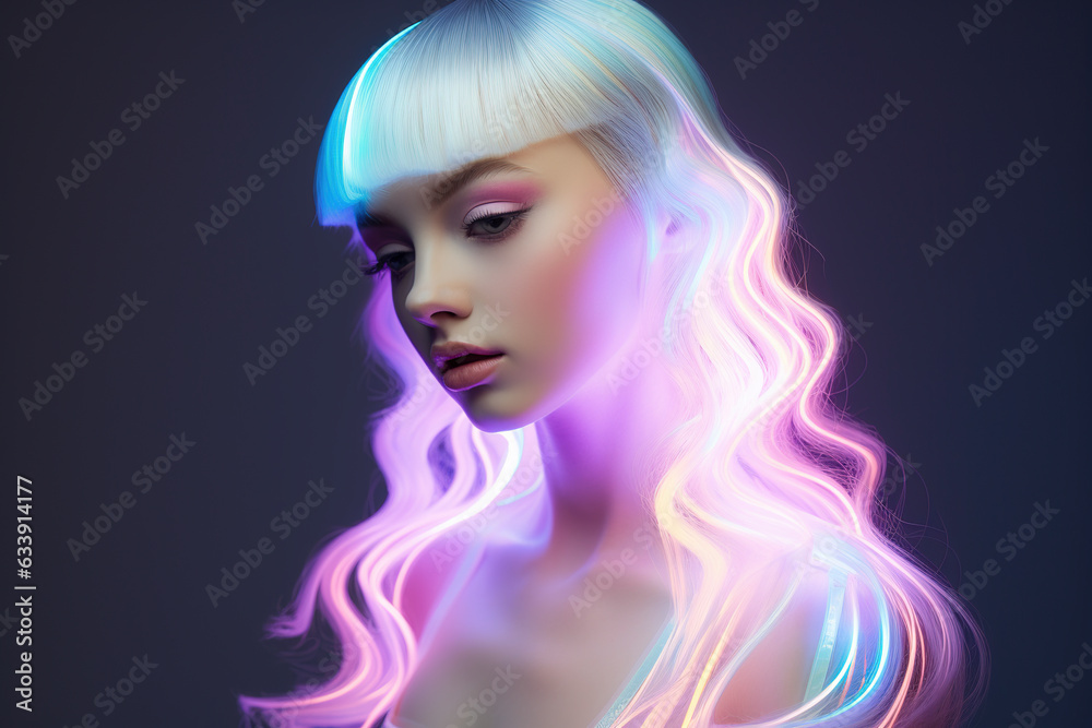 High Fashion model with shiny hair under neon flickering lights