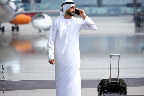 Middle East Arab man at Airport with luggage and air plane as background Saud Emirati Qatari Omani Kuwaiti Bahraini man flying travelling photo