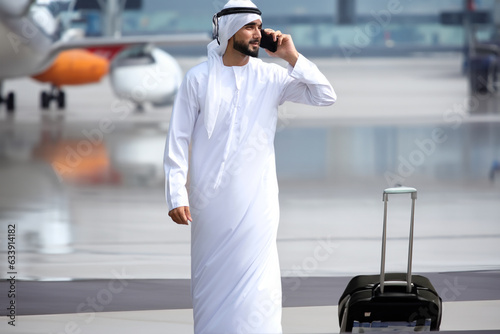 Photography Middle East Arab man at Airport with luggage and air plane as background Saud Em
