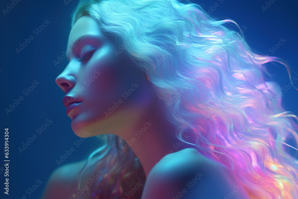 High Fashion model with shiny hair under neon flickering lights High Fashion model with shiny hair under neon flickering lights